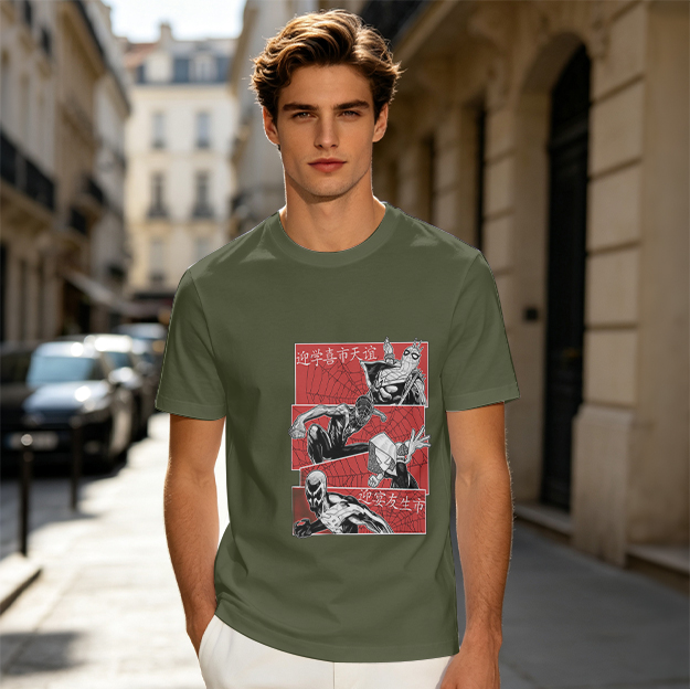 Olive T-shirt with Spider-Verse Style Comic Panels Print