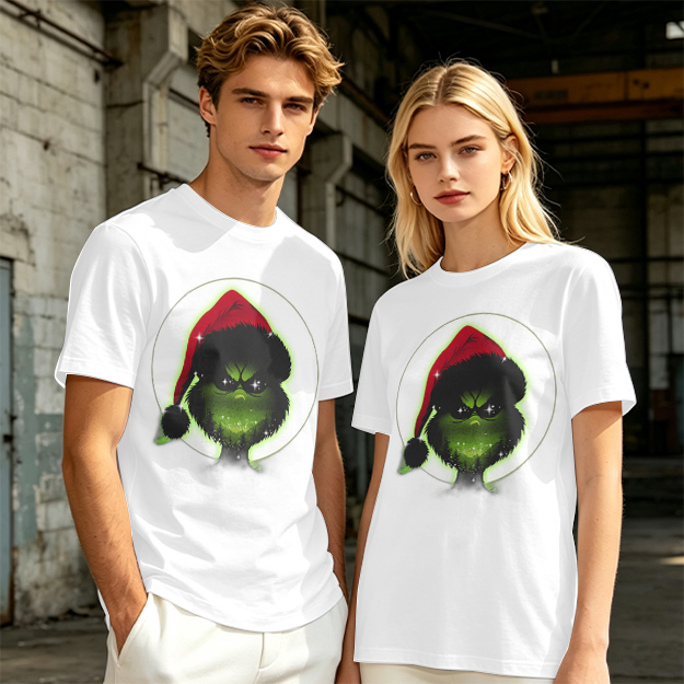 Olive Green T-Shirt With Grinch Wearing Santa Hat Graphic