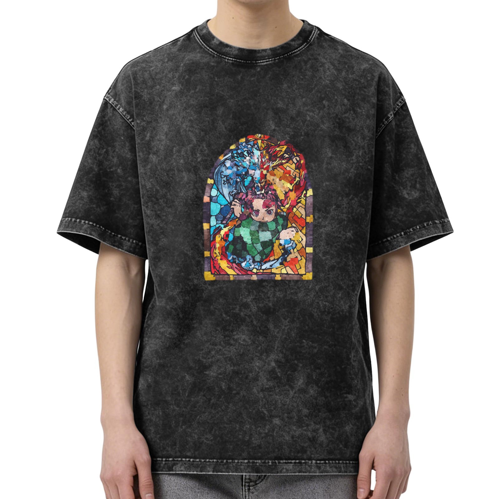 Washed Black Anime Stained Glass Graphic Oversized T-Shirt