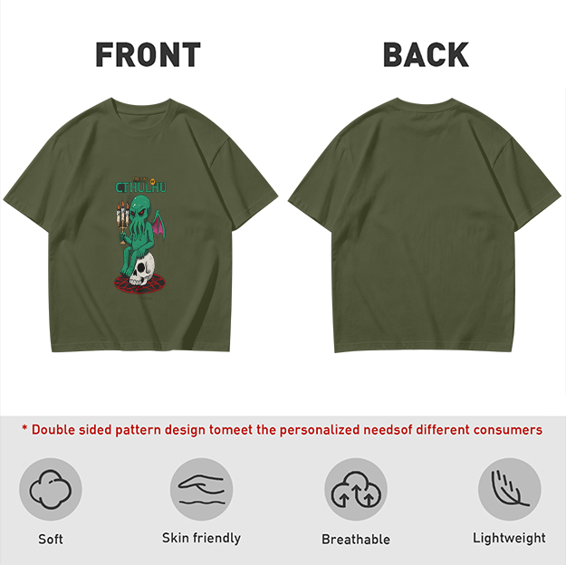Olive Green Cthulhu Graphic T-Shirt with Skull and Candles