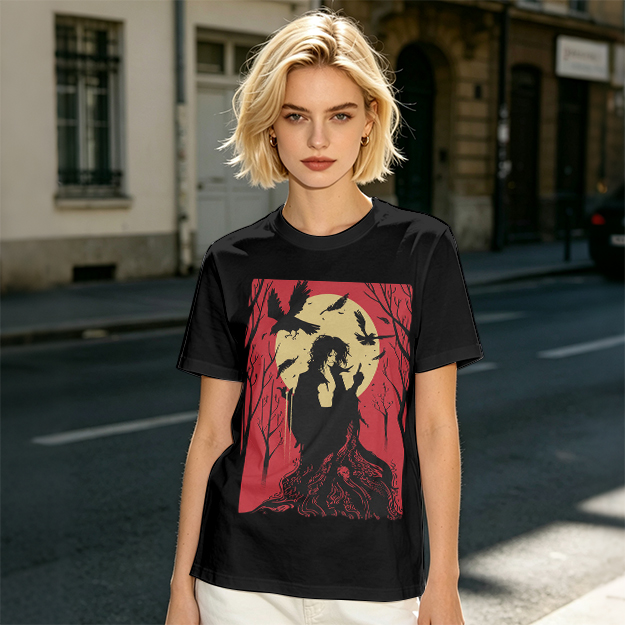 Olive T-Shirt With Gothic Crow And Moon Graphic Print