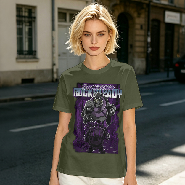 Olive green t-shirt featuring Rocksteady the strong mutant character