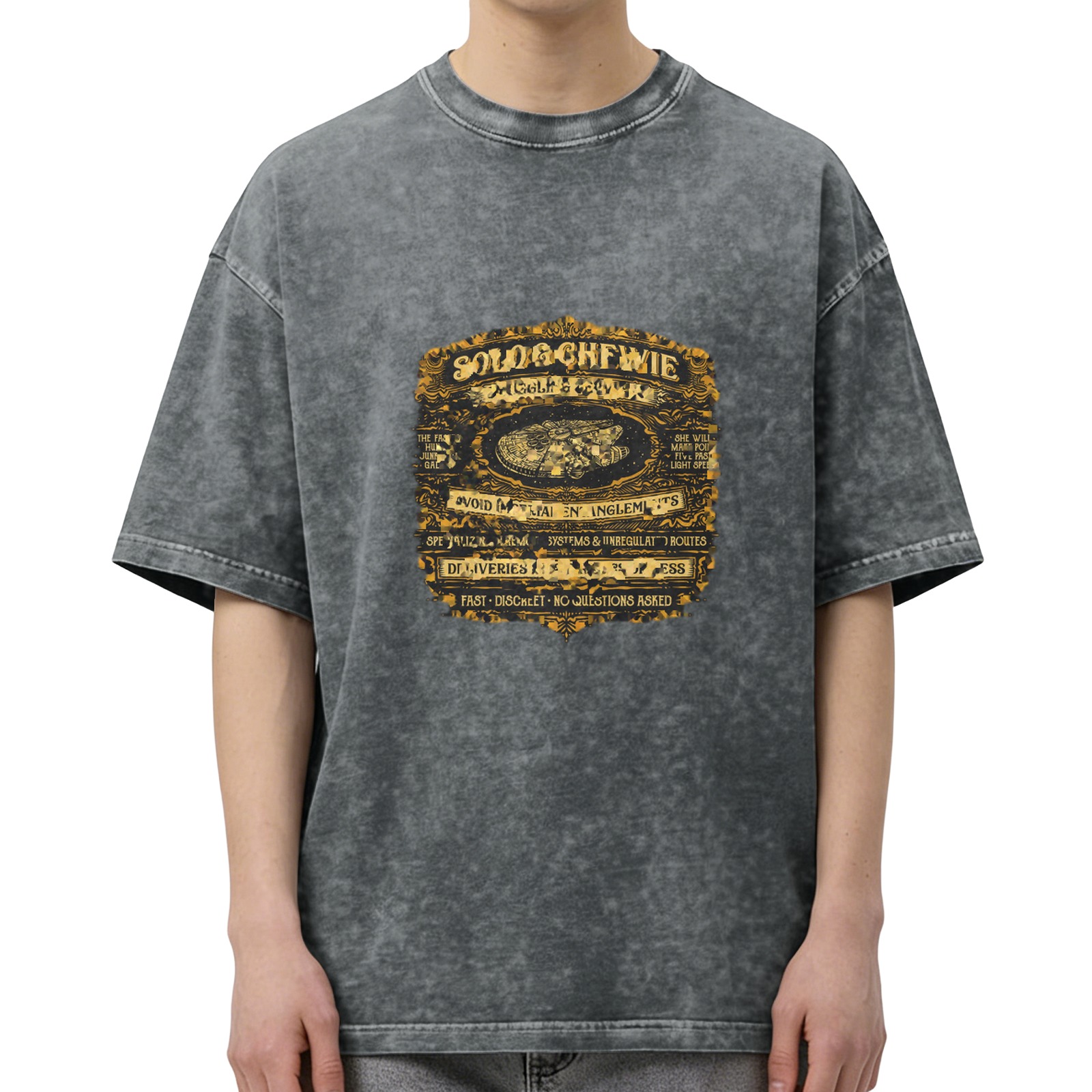 Distressed washed black retro-style printed short-sleeved T-shirt