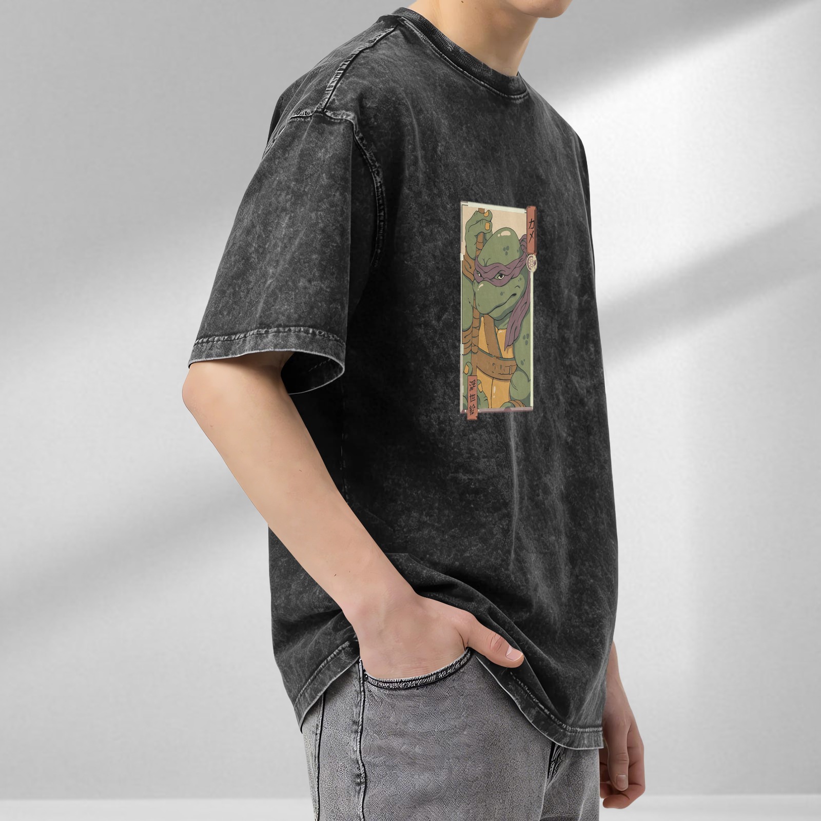 Washed Black Oversized T-Shirt with Purple Mask Ninja Turtle Graphic