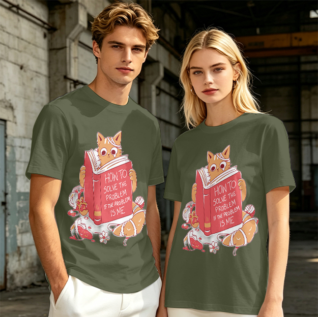 Olive T-Shirt With Ginger Cat Reading Self-Help Book Print