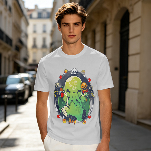 Olive T-Shirt With Cute Halloween Cthulhu Graphic Print