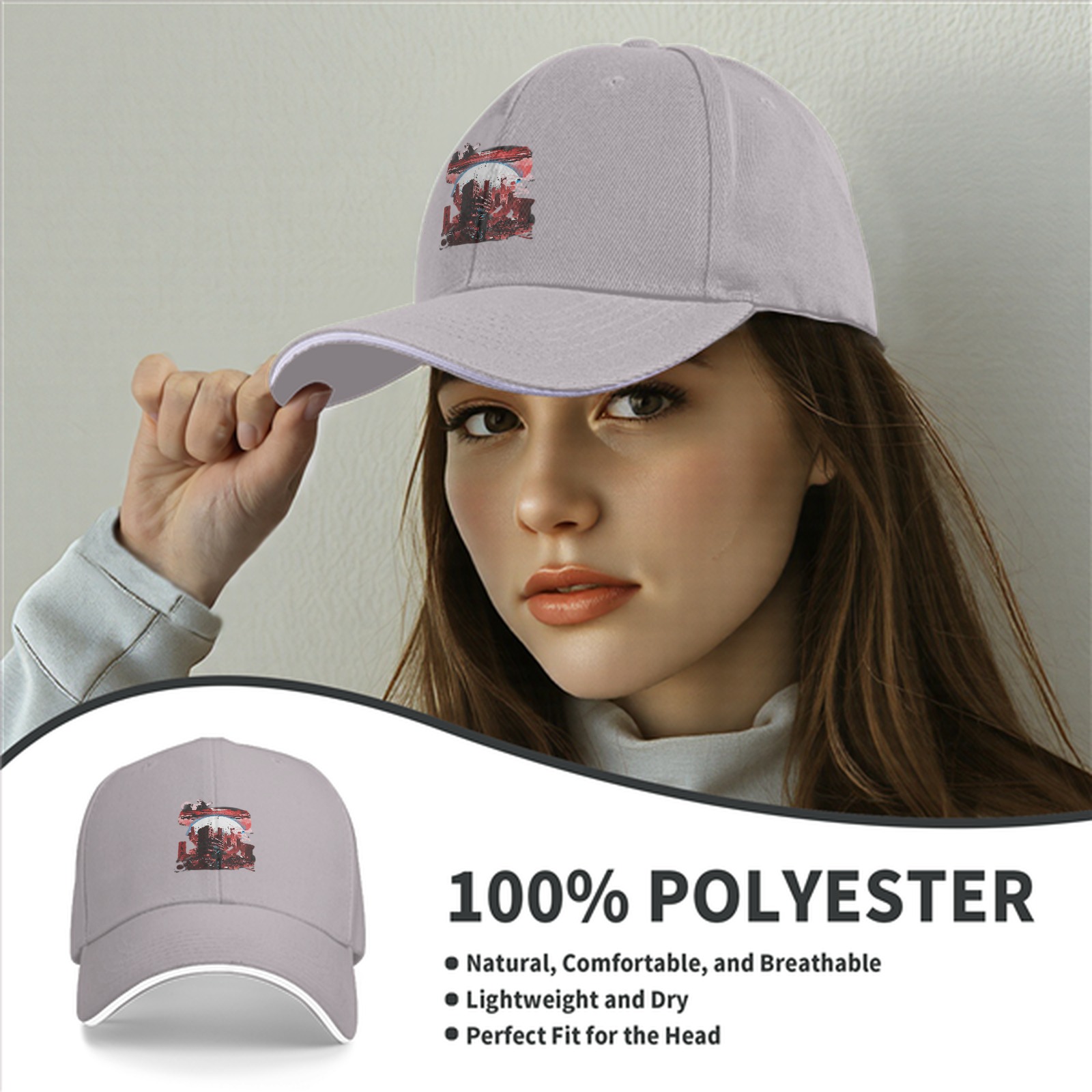 Black Baseball Cap with Abstract Red Cityscape Print