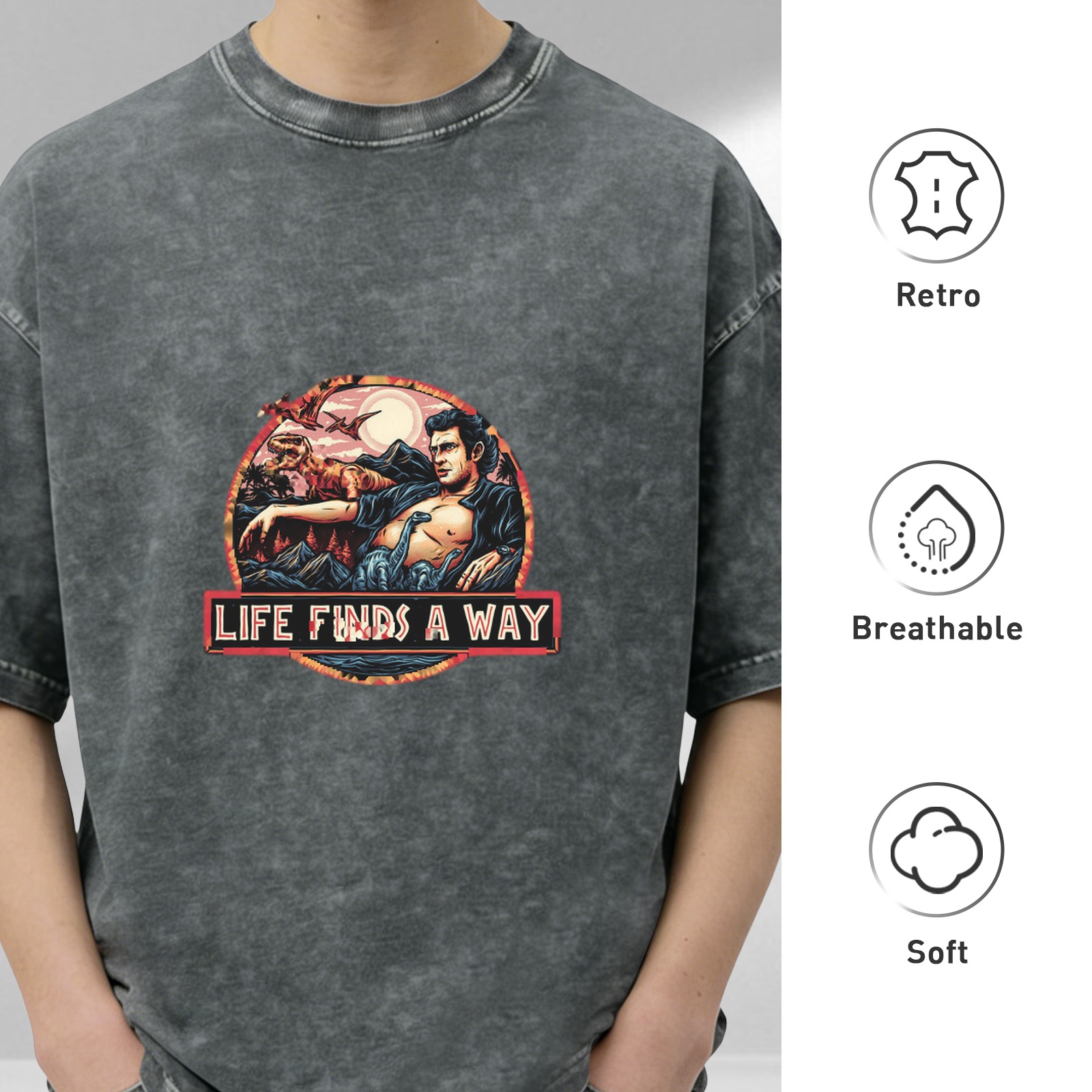 Washed black graphic t-shirt with Life Finds A Way dinosaur design