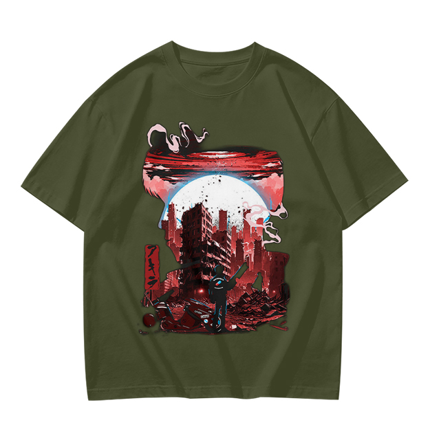 Olive Graphic T-Shirt with Post-Apocalyptic Cityscape Print
