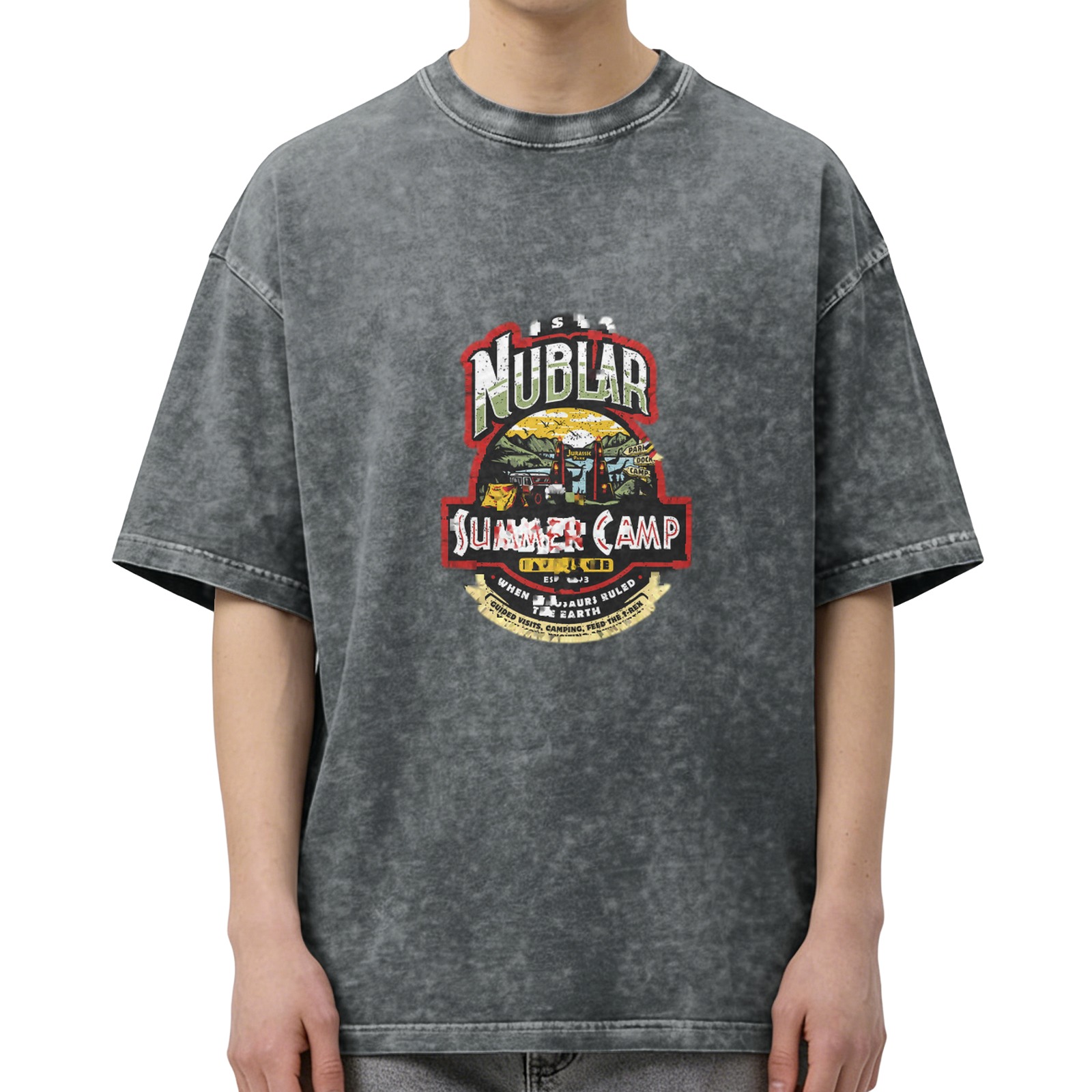 Nublar Summer Camp themed distressed washed black short-sleeved T-shirt