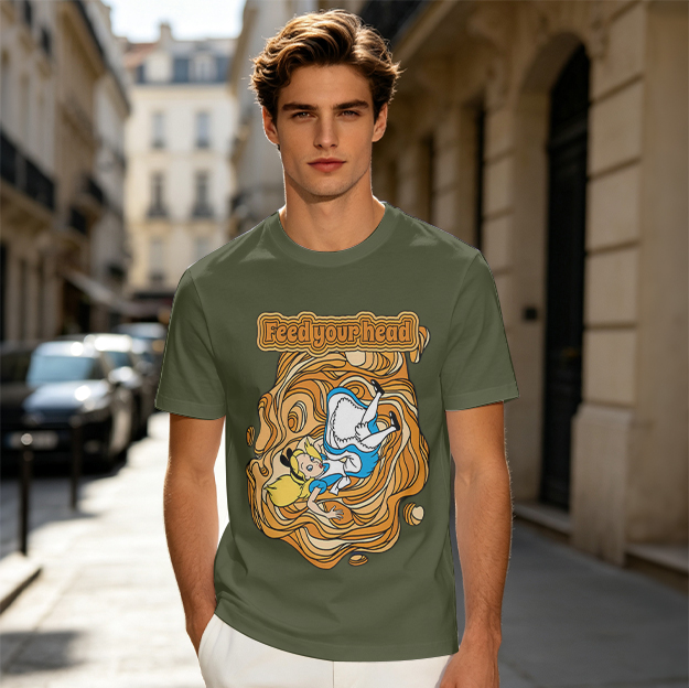 Olive T-Shirt With Alice In Wonderland Feed Your Head Print