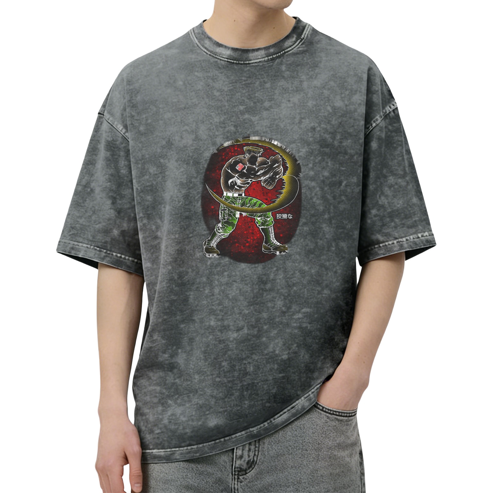 Oversized Acid Wash T-Shirt With Fighter Graphic Print