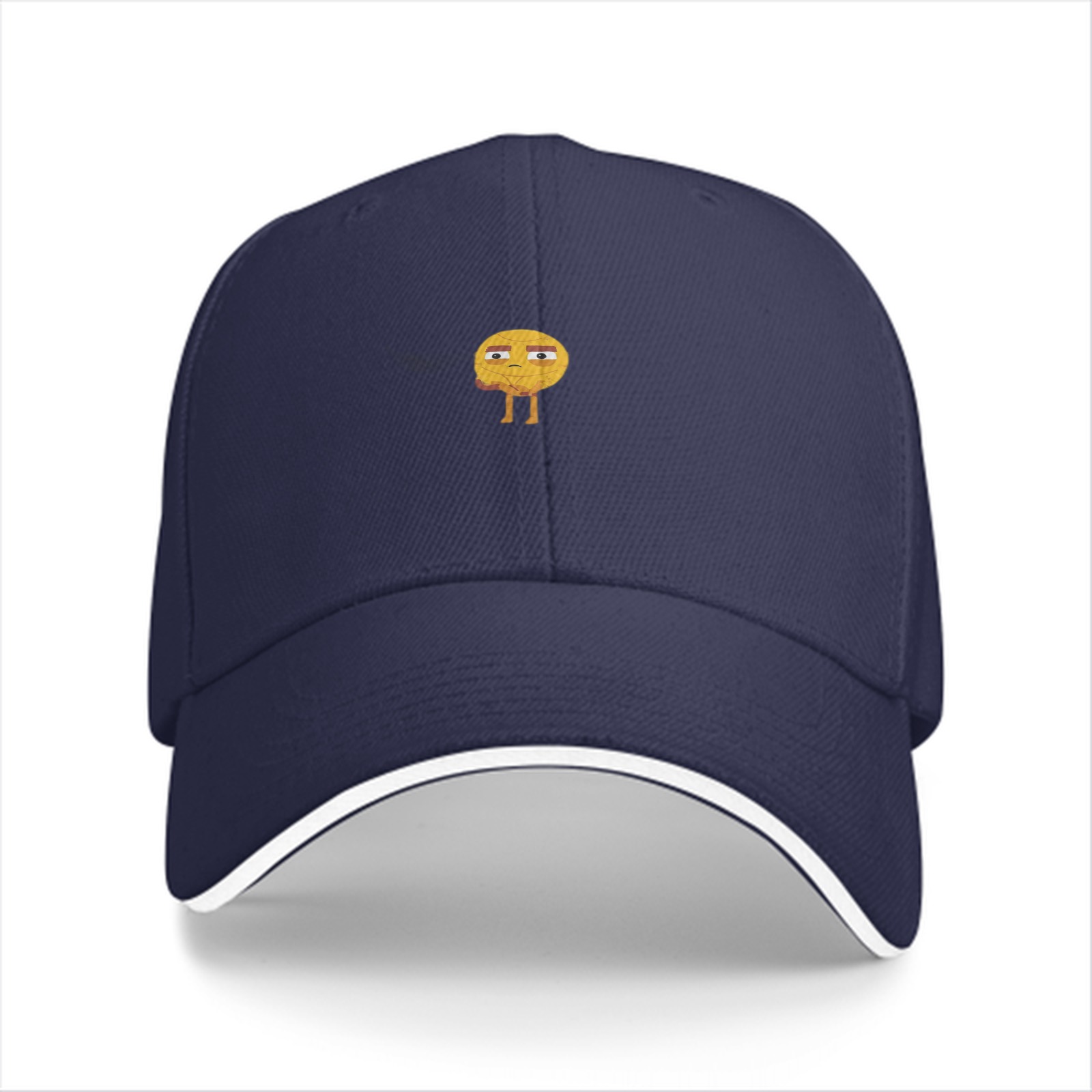 Black baseball cap with unimpressed standing emoji graphic
