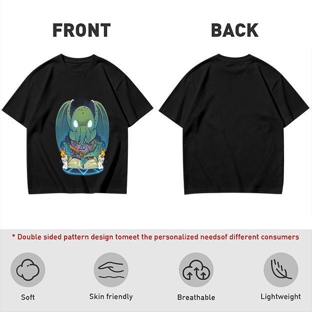 Olive T-shirt with Cute Cthulhu Reading Grimoire Print