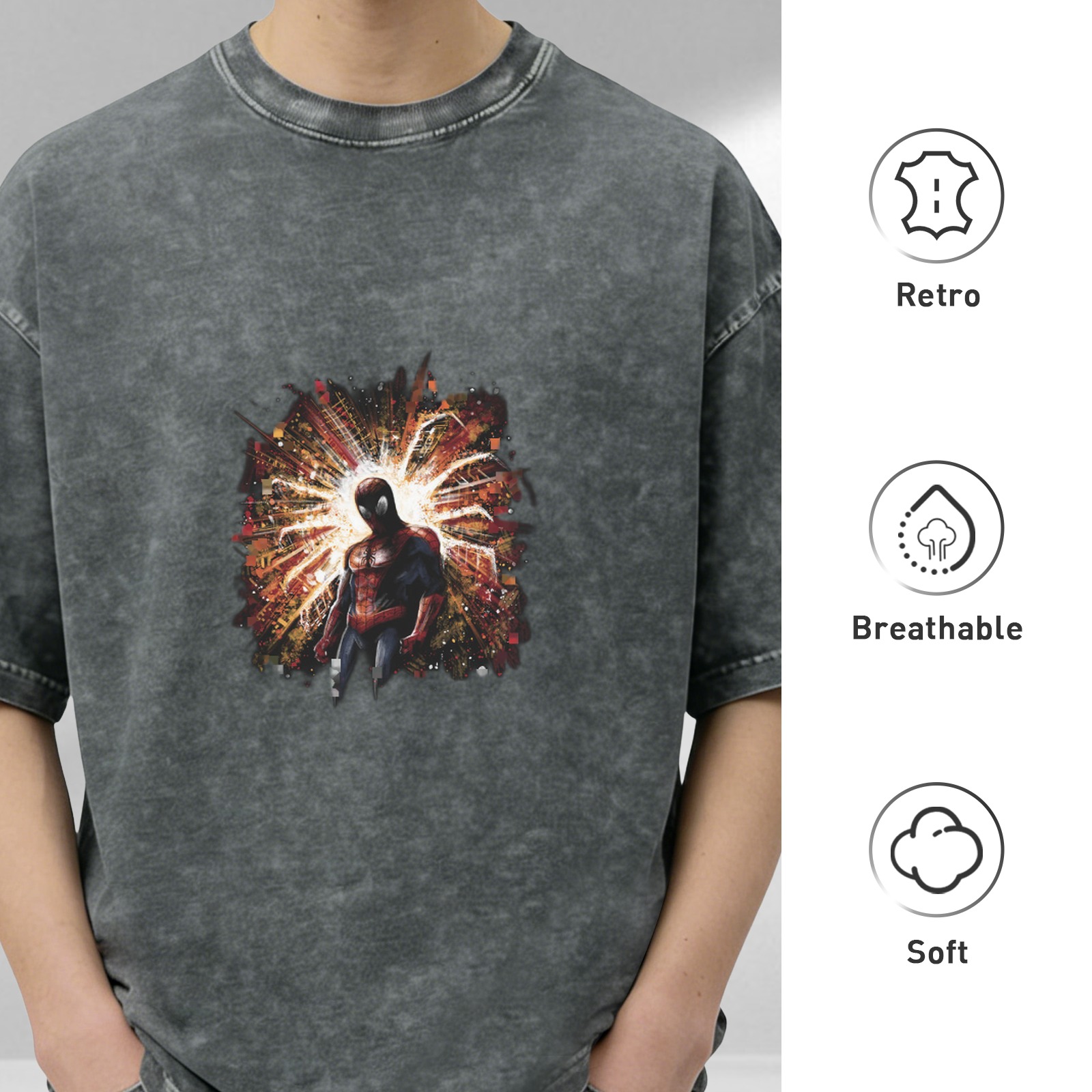 Oversized Acid Wash T-Shirt with Spider-Man Explosion Graphic
