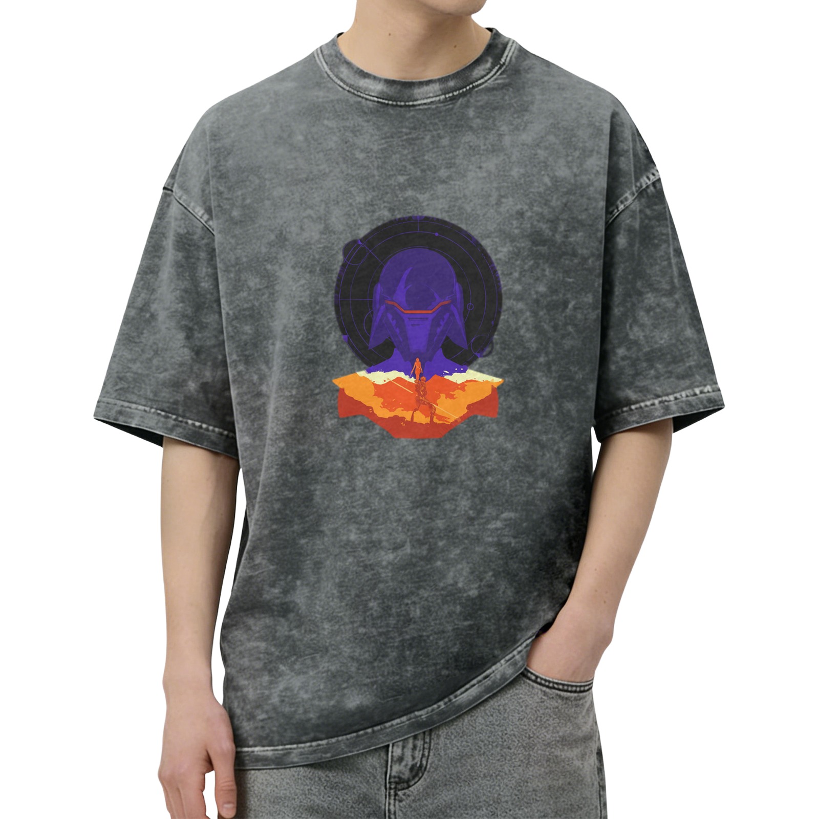 Oversized Acid Wash T-Shirt with Sci-Fi Warrior Helmet Graphic