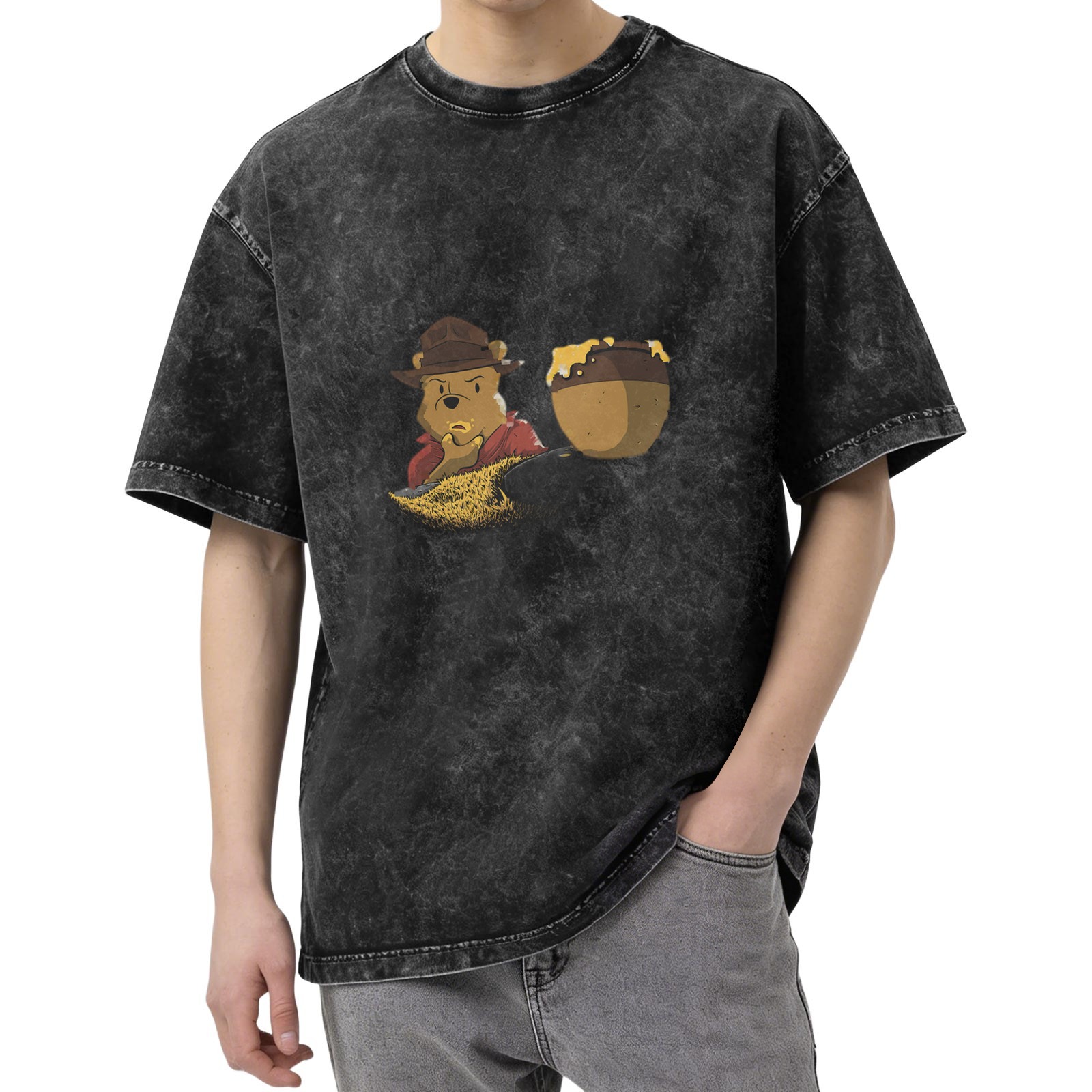 Winnie the Pooh Honey Pot Graphic Acid Wash Black T-Shirt