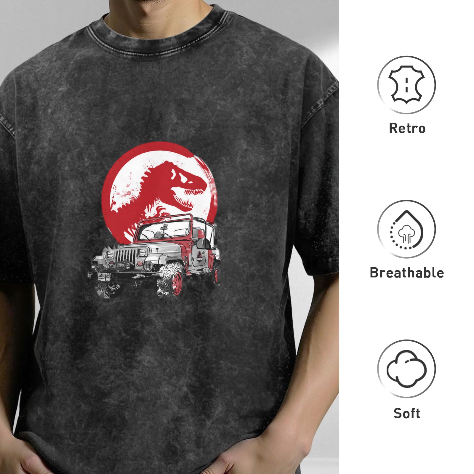 Washed Black T-Shirt with Dinosaur and Off-Road Jeep Graphic