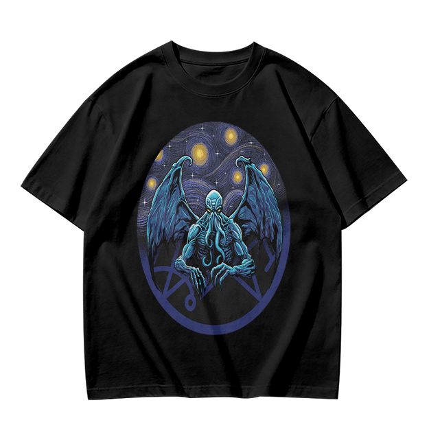 Olive T-Shirt with Cthulhu Starry Night Graphic Print