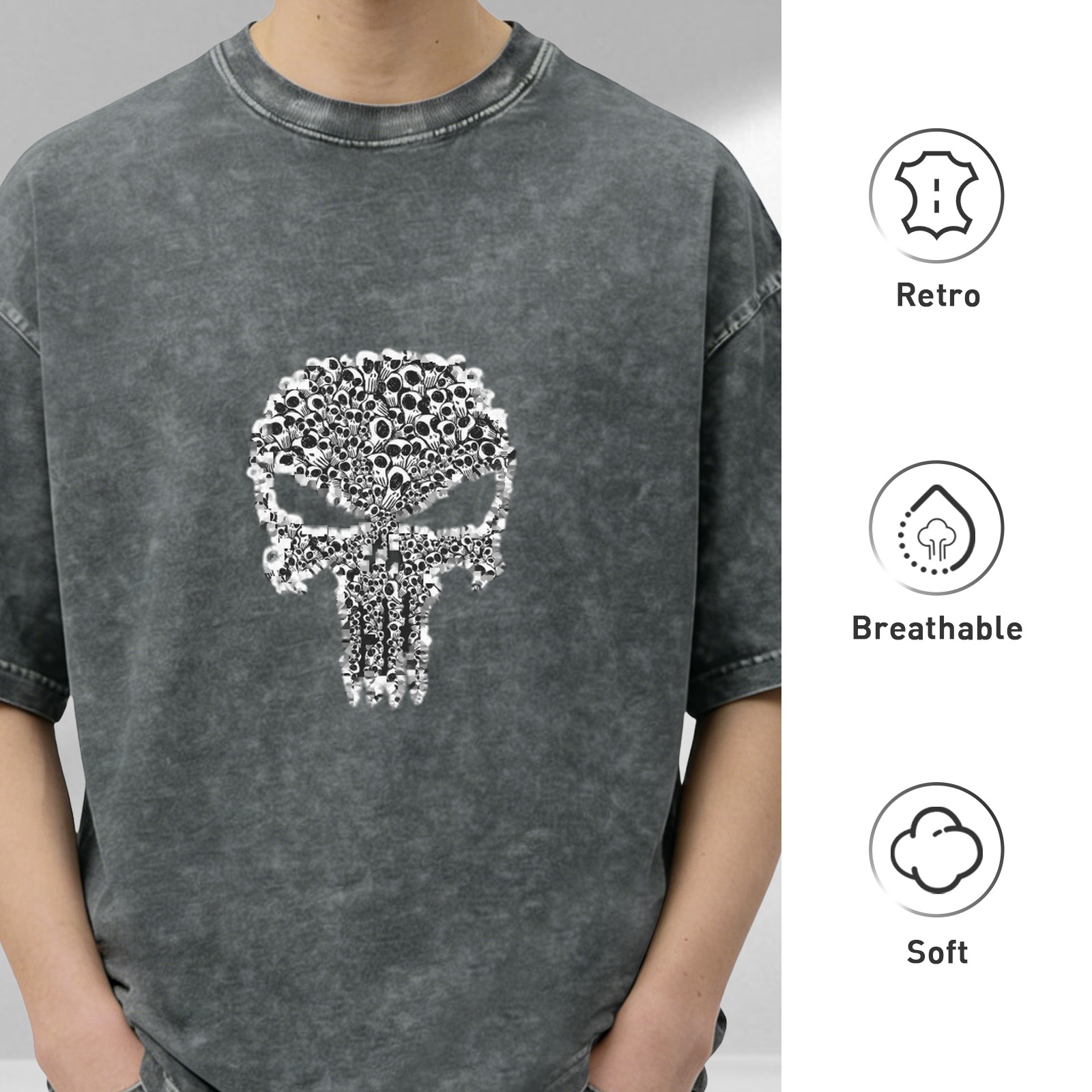 Washed Black Oversized T-Shirt With Punisher Skull Graphic