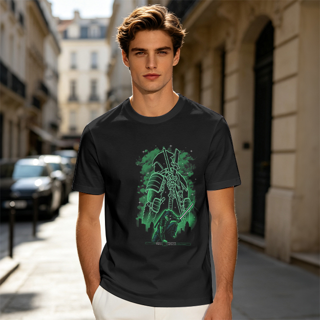 Olive Green T-Shirt With Neon Samurai Warrior Graphic