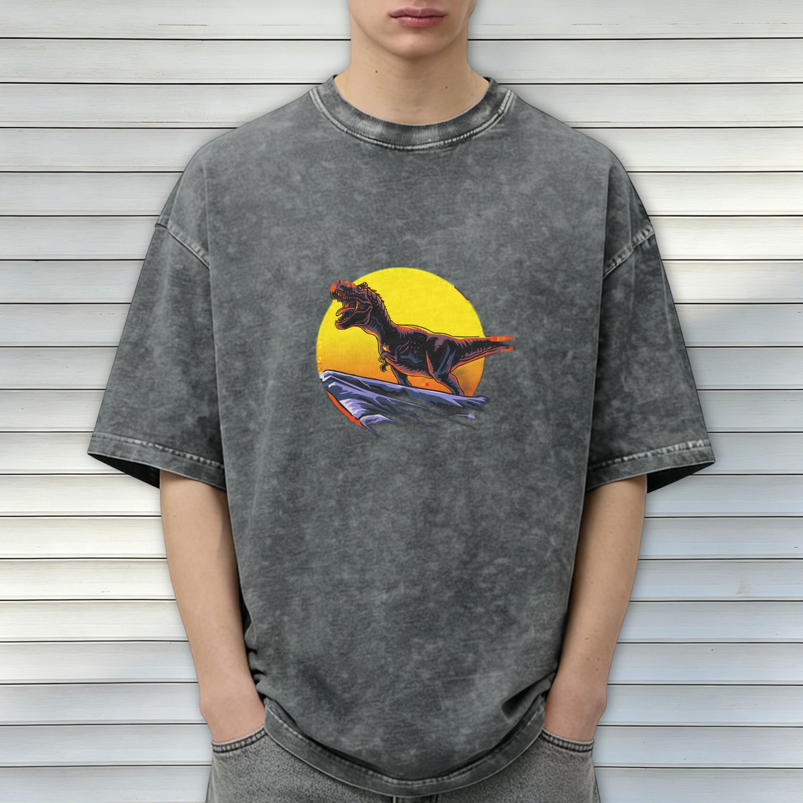 Oversized Acid Wash T-Shirt with T-Rex Sunset Graphic