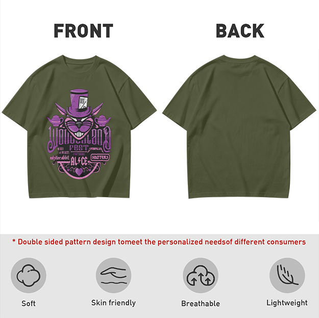 Olive T-Shirt with Wonderland Cheshire Cat Mad Hatter Print