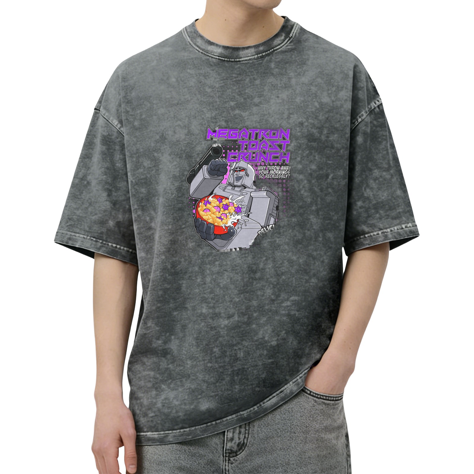 Oversized Acid Wash T-Shirt with Megatron Toast Crunch Graphic