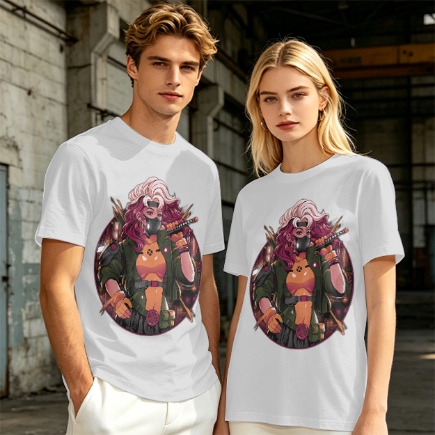 Olive T-Shirt with Anime Cyberpunk Female Warrior Print