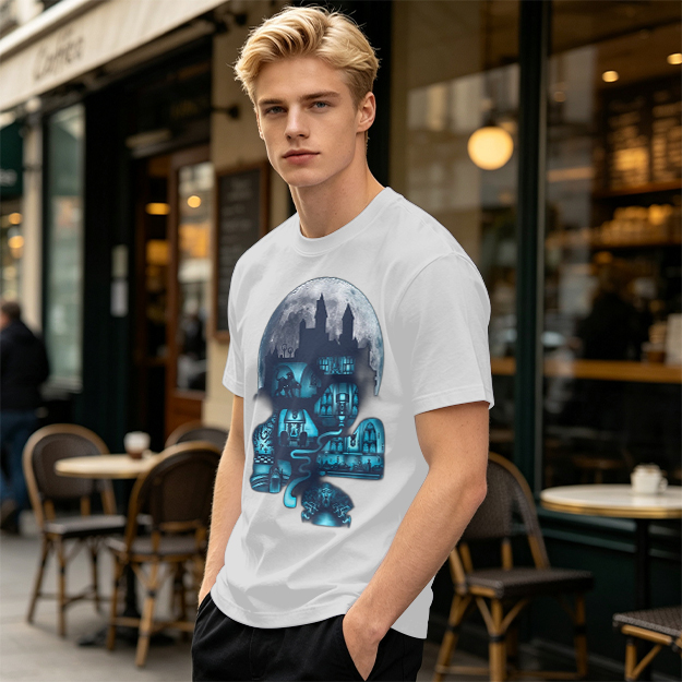 Olive T-Shirt With Glowing Castle Moon Night Graphic Print