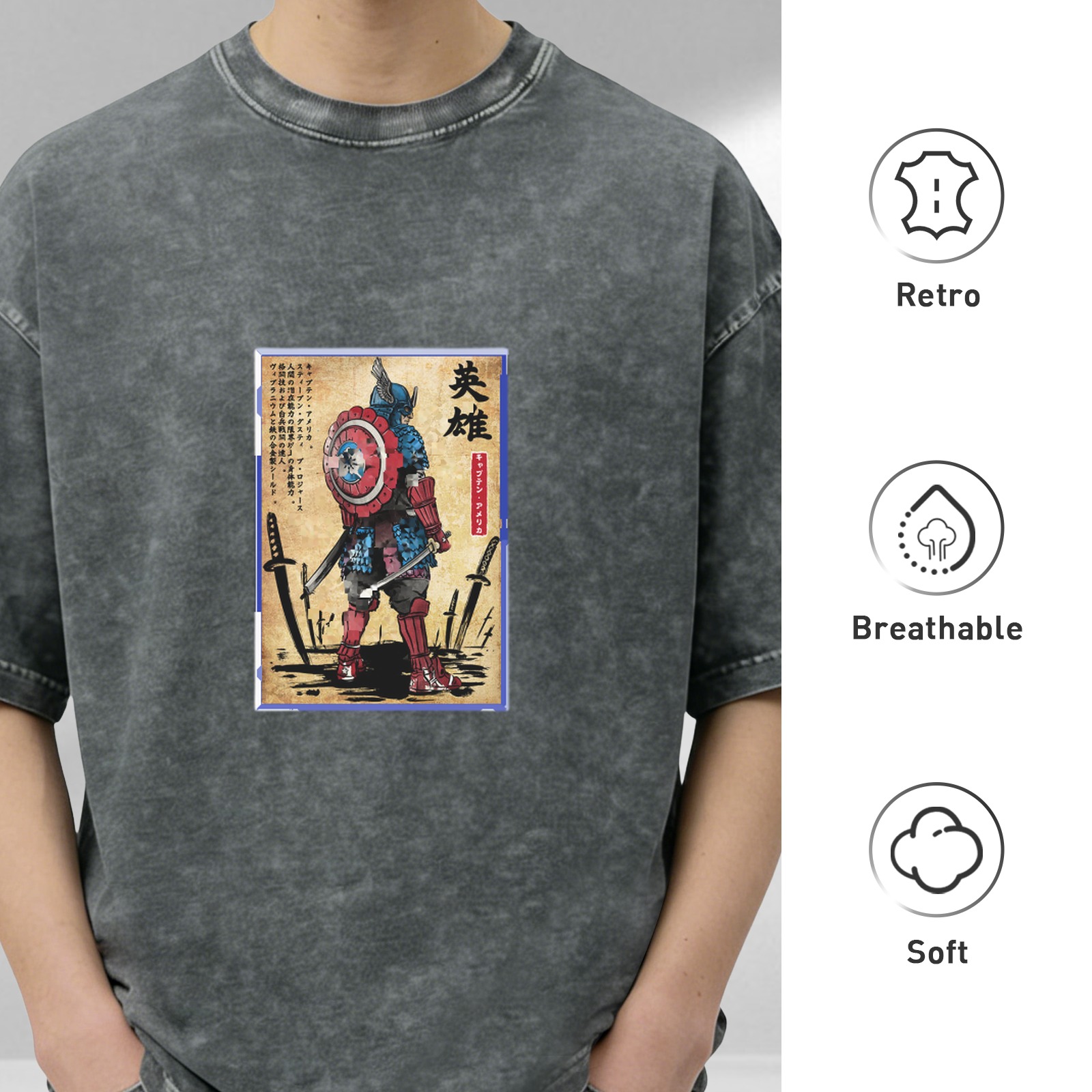 Washed Black T-Shirt with Samurai Captain America Hero Graphic