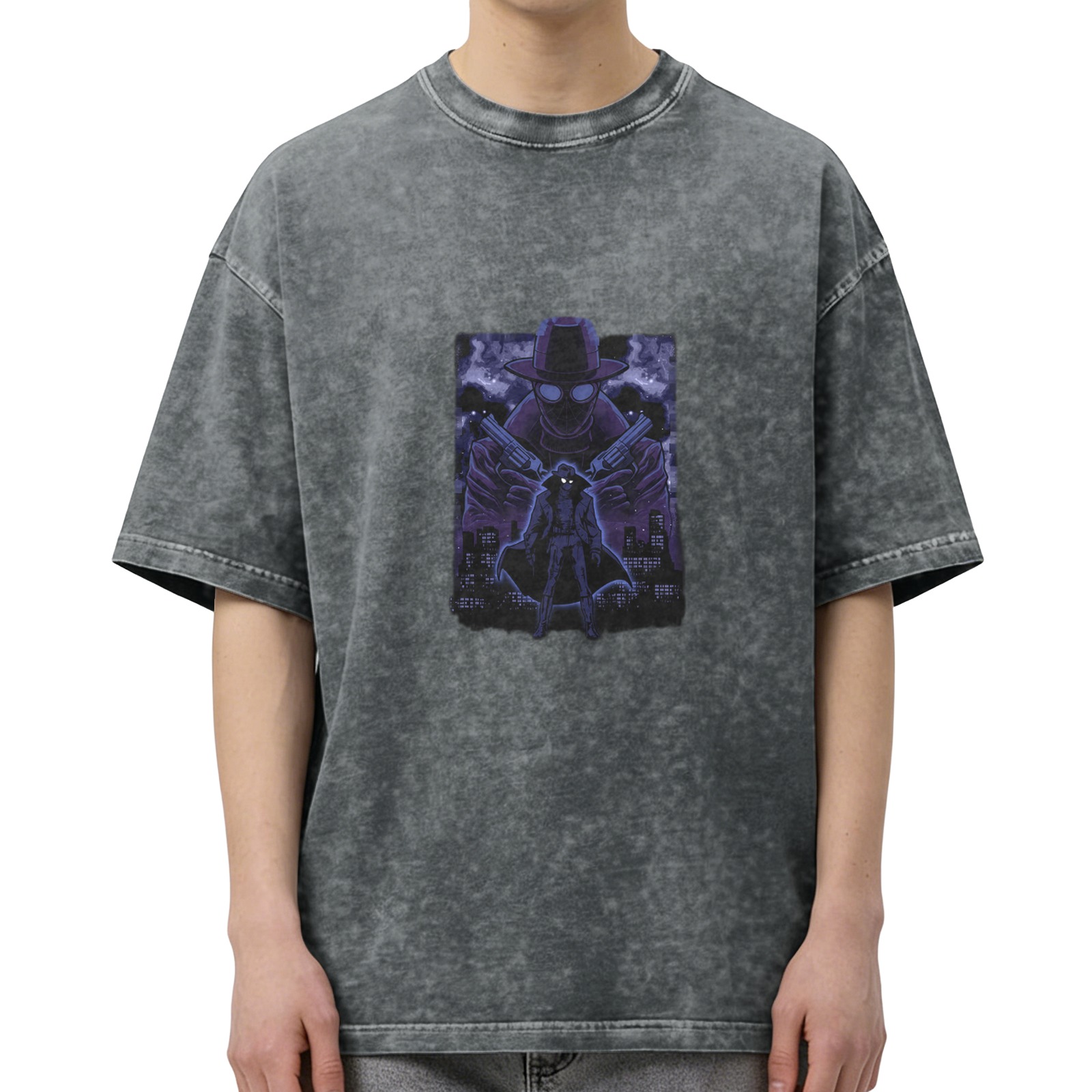 Oversized Dark Wash T-Shirt With Noir Detective Graphic Print