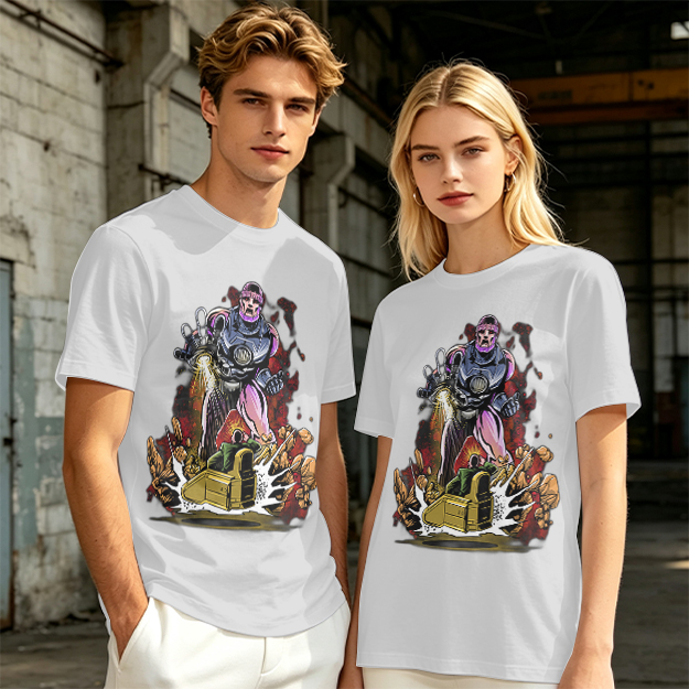 Olive T-shirt with Robot Villain and Tank Action Graphic