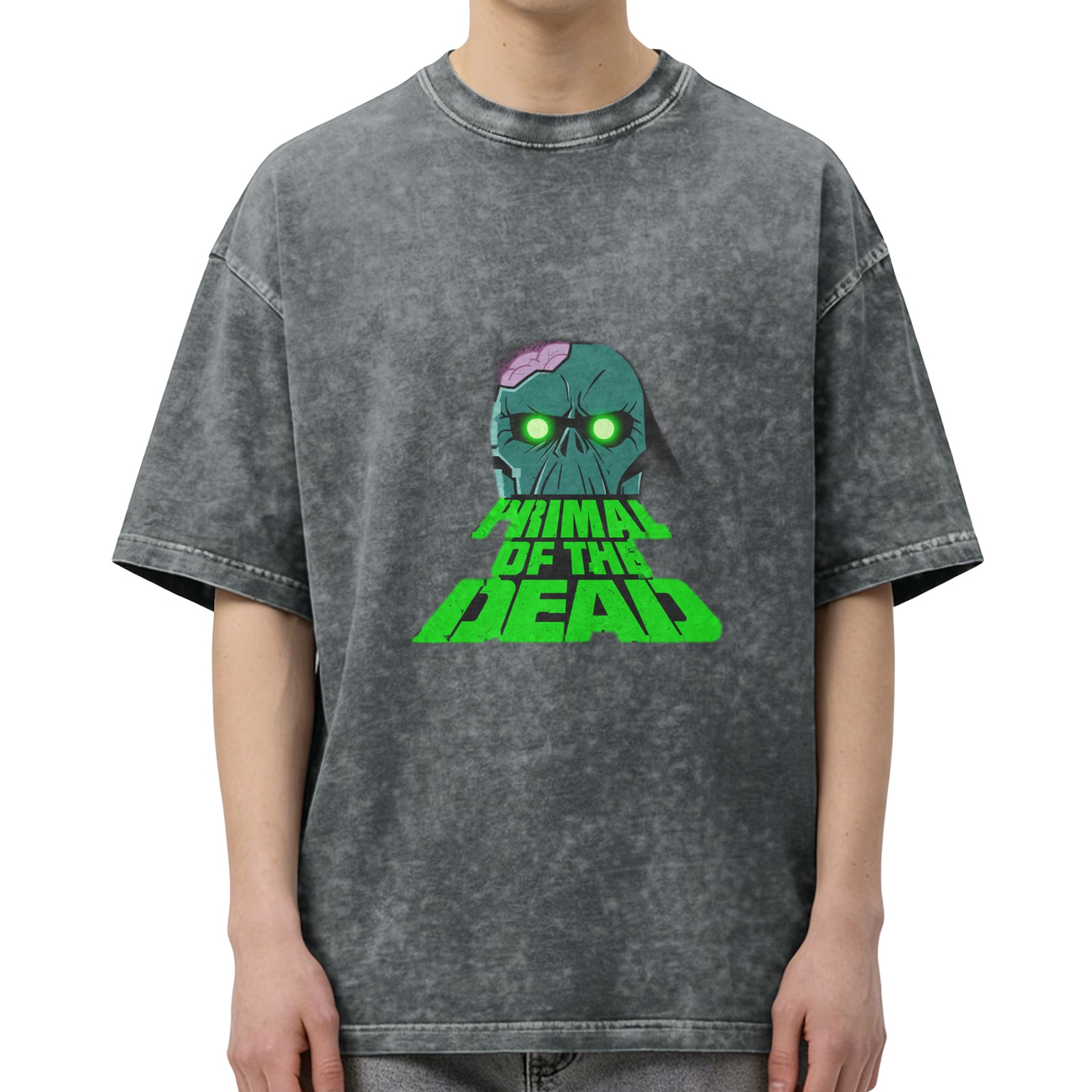acid wash black t-shirt with primal of the dead zombie skull graphic