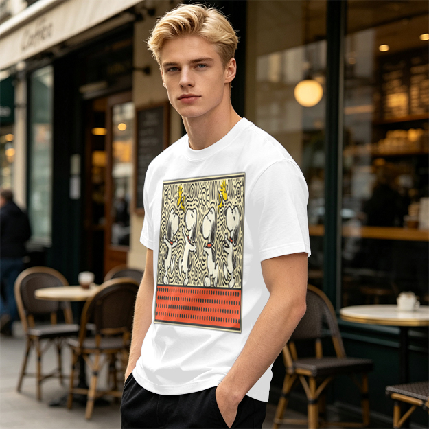 Olive T-shirt with dancing Snoopy and Woodstock graphic print
