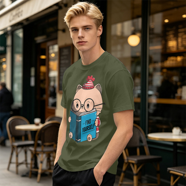 Olive T-shirt with Cute Reading Cat Graphic 'Find Yourself'