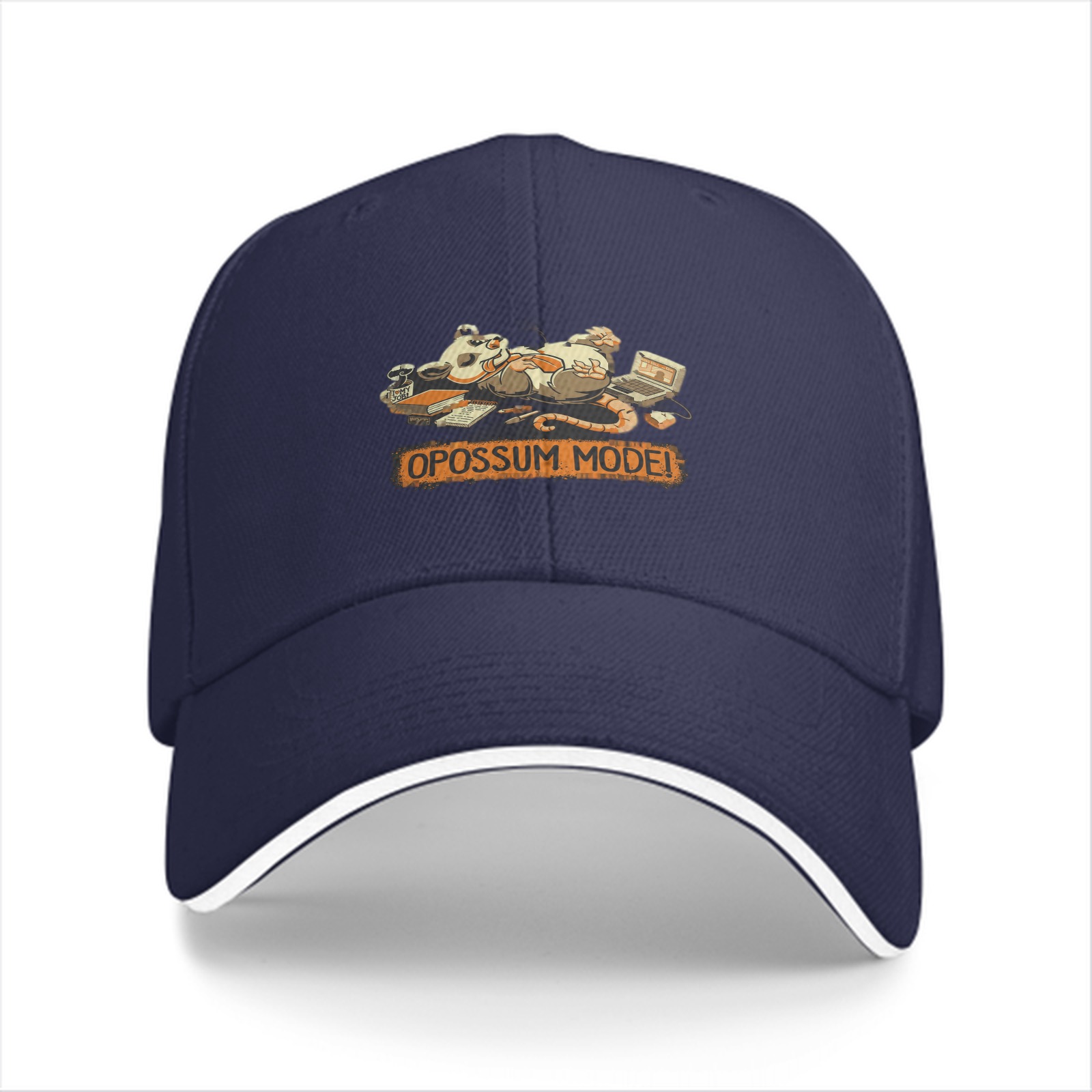Black baseball cap with relaxed opossum 'OPOSSUM MODE!' graphic