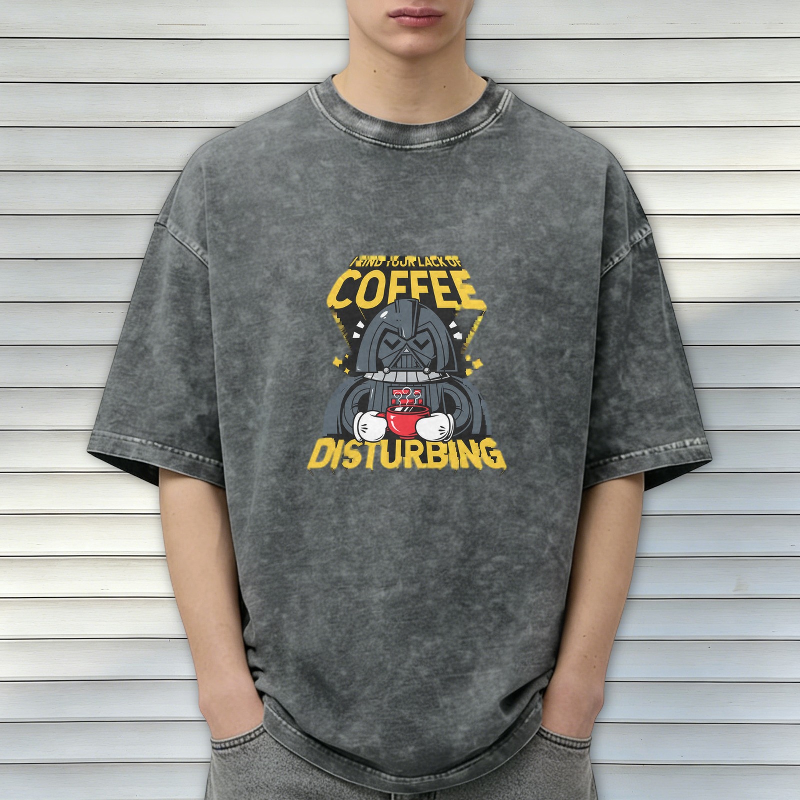 Washed Black T-Shirt with Funny Darth Vader Coffee Disturbing Graphic