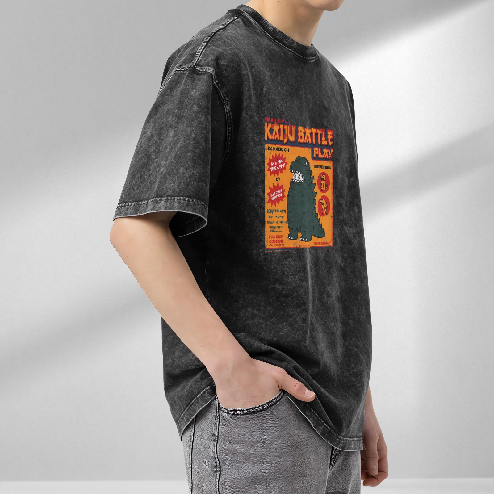 Kaiju Battle Play Graphic Oversized Acid Wash T-Shirt