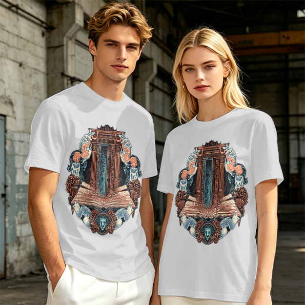 Olive T-Shirt With Ornate Architectural Book Print