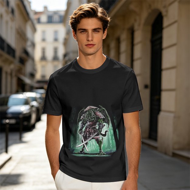 Olive T-Shirt With Samurai Cthulhu Warrior Graphic Print