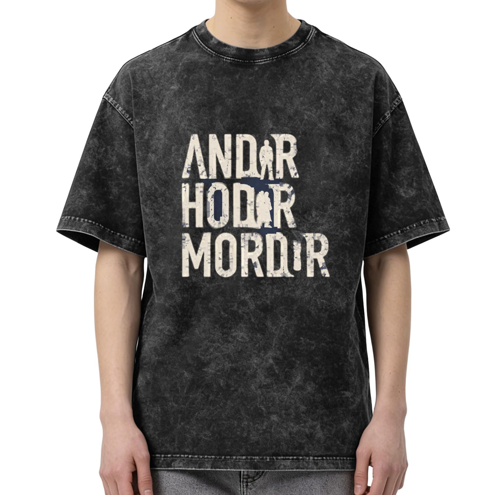 Distressed printed short-sleeved T-shirt men's loose washed black round neck top