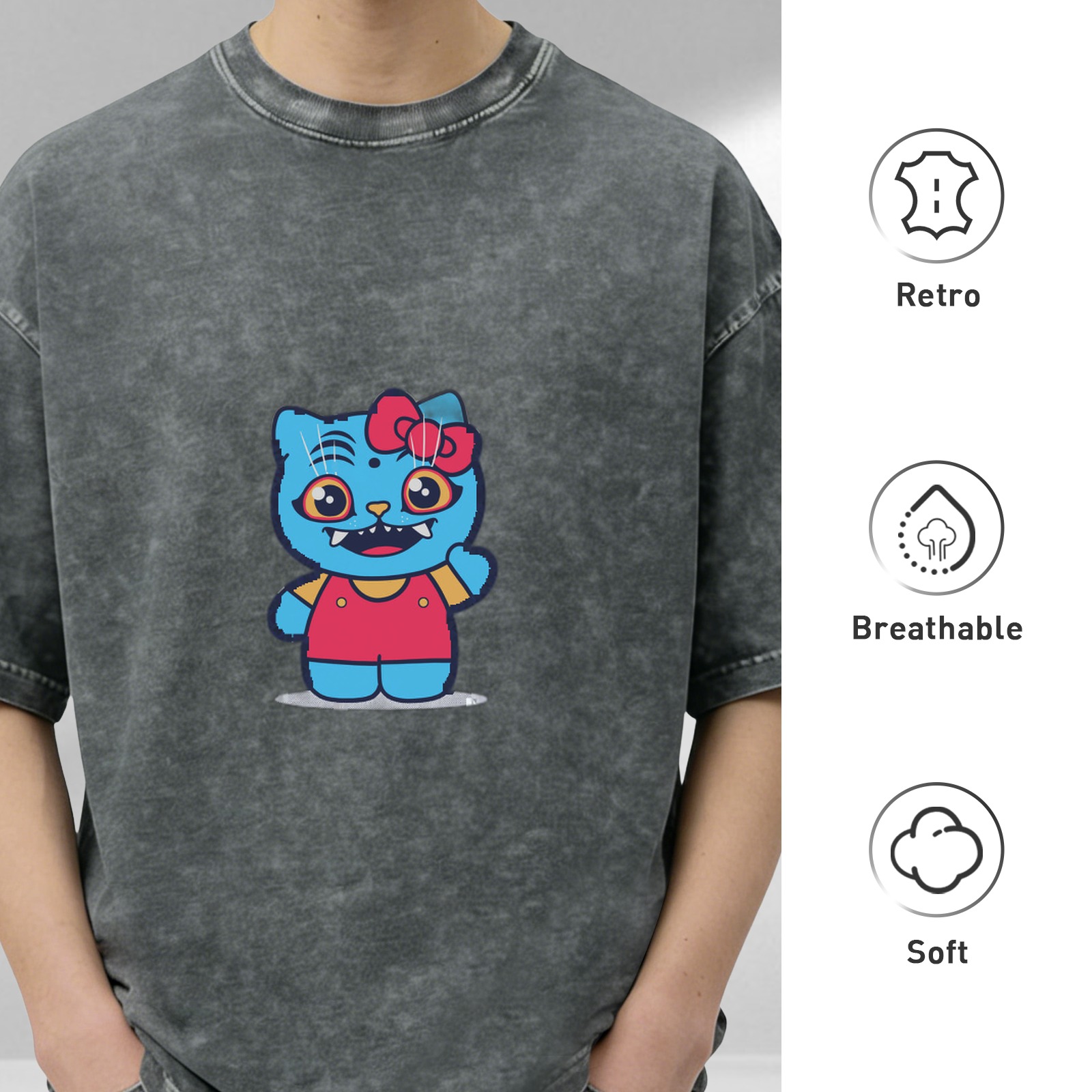 Oversized Acid Wash T-Shirt With Cute Blue Cat Graphic Print