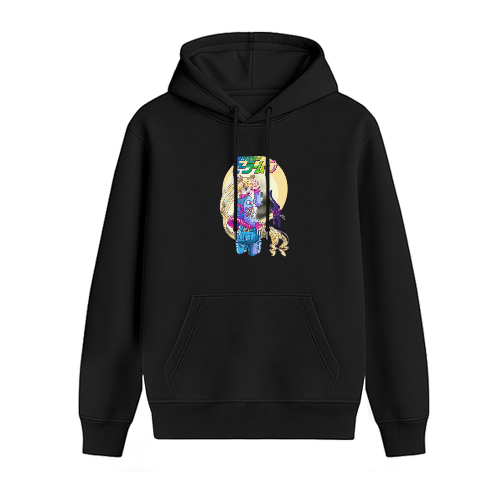 Black Hoodie with Anime Character and Cat Graphic Print