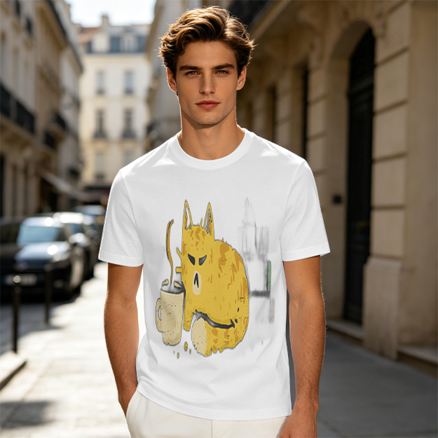 Olive T-Shirt With Grumpy Cat Holding Hot Coffee Print