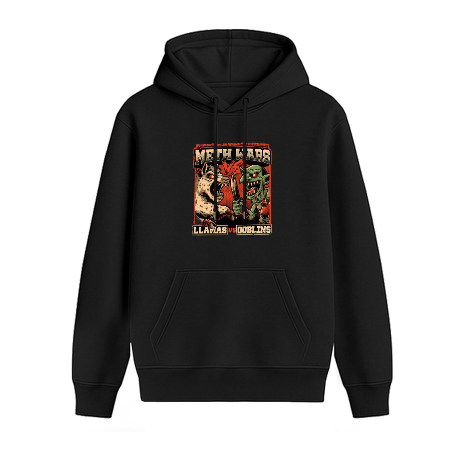 Meth Wars Llamas vs Goblins Graphic Black Hoodie
