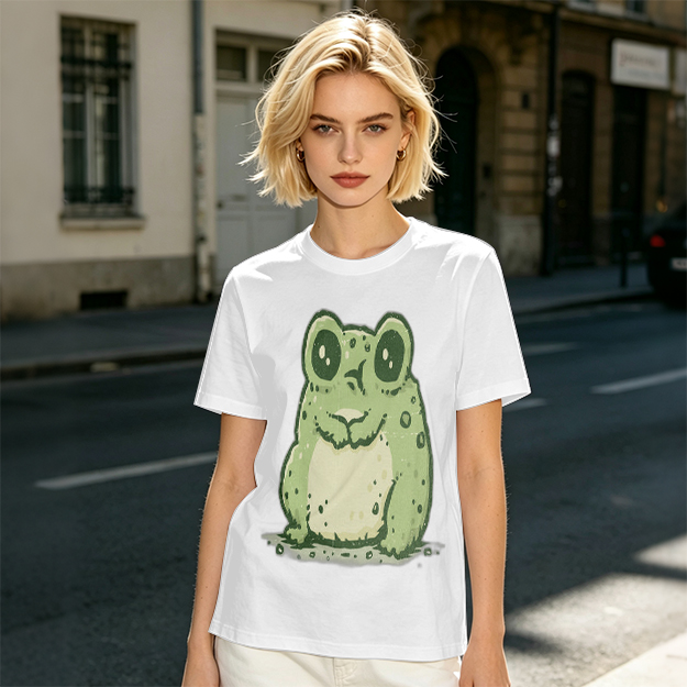 Olive Green T-Shirt With Cute Cartoon Frog Graphic Print