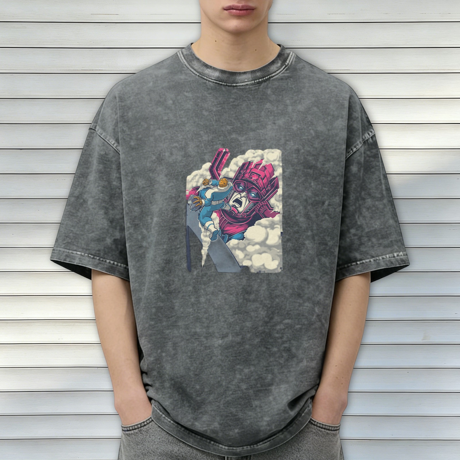Oversized Acid Wash T-Shirt With Retro Superhero Comic Print