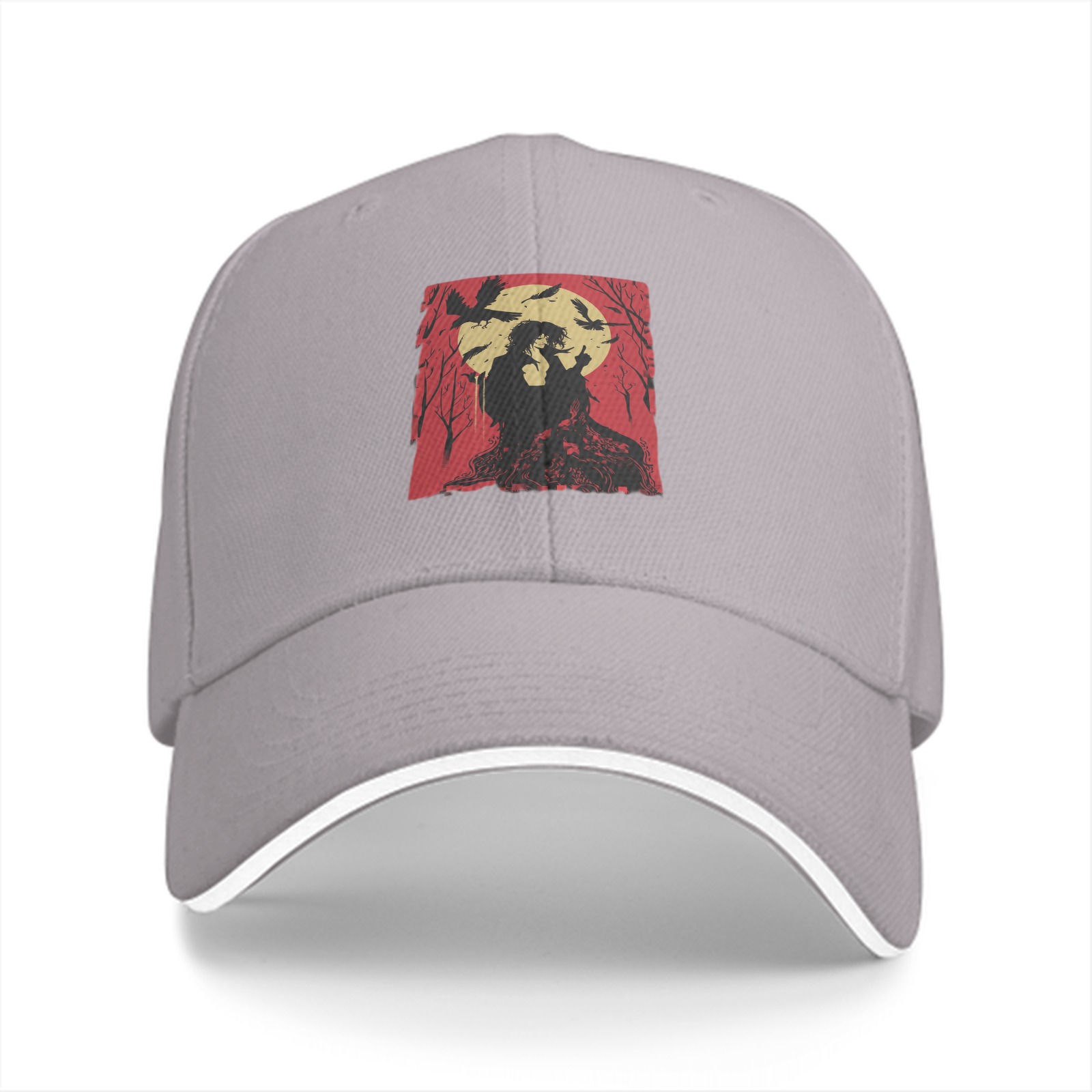 Black Baseball Cap With Red Moon Crow Silhouette Graphic