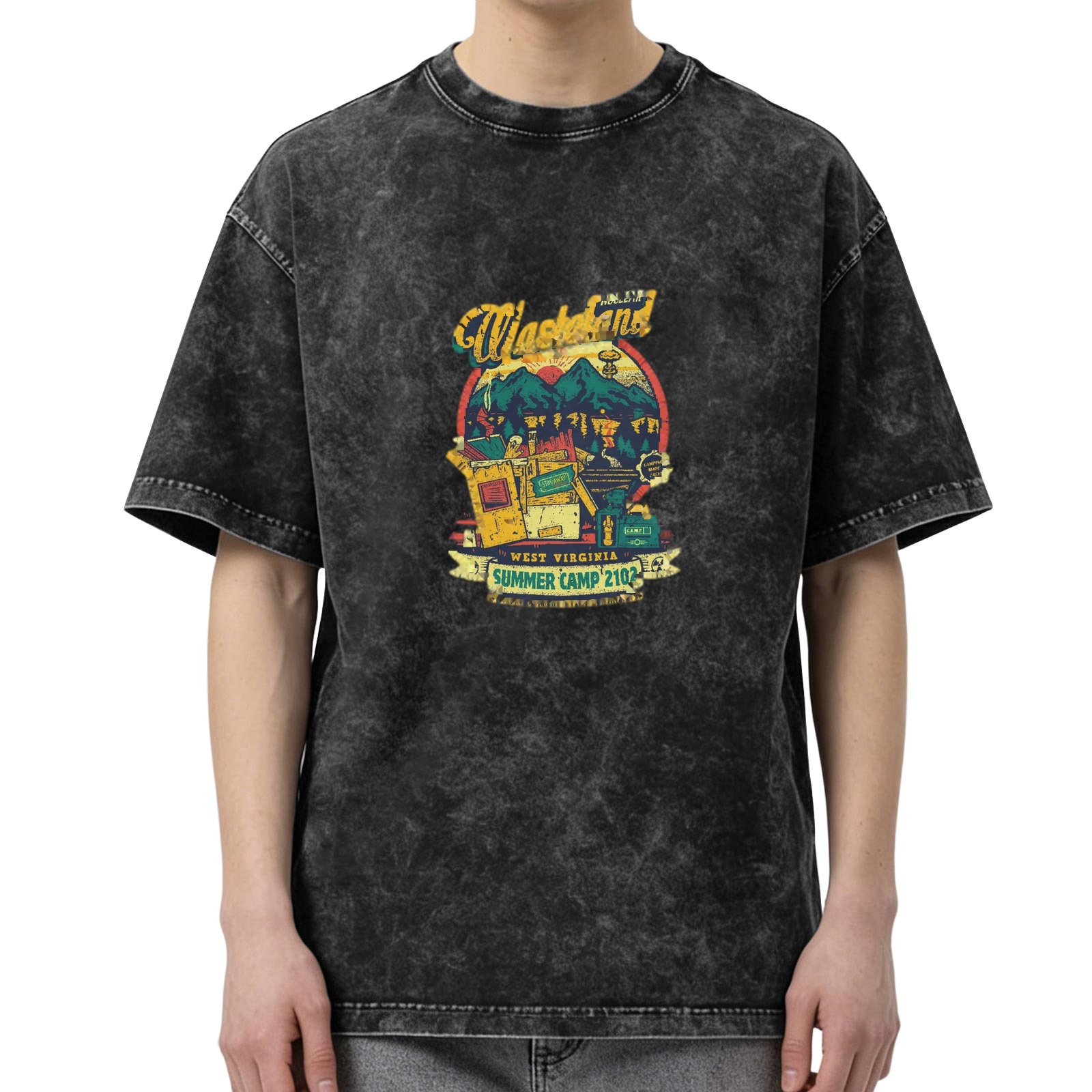 Distressed washed black wasteland style themed printed short-sleeved T-shirt Wasteland Paradise Summer Camp 2102 theme West Virginia summer casual top